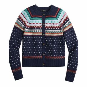 J. Crew Navy Blue Cherry Fair Isle Cardigan Sweater Small